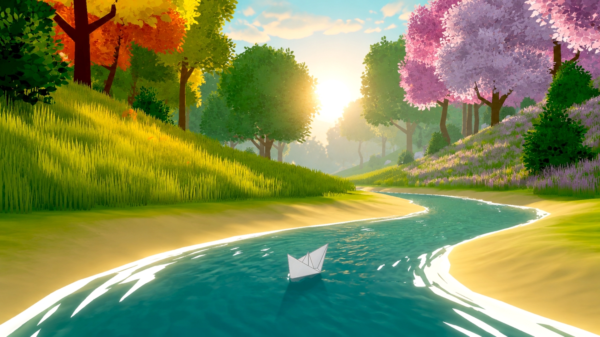 A paper boat travelling through the colourful river world of Afloat