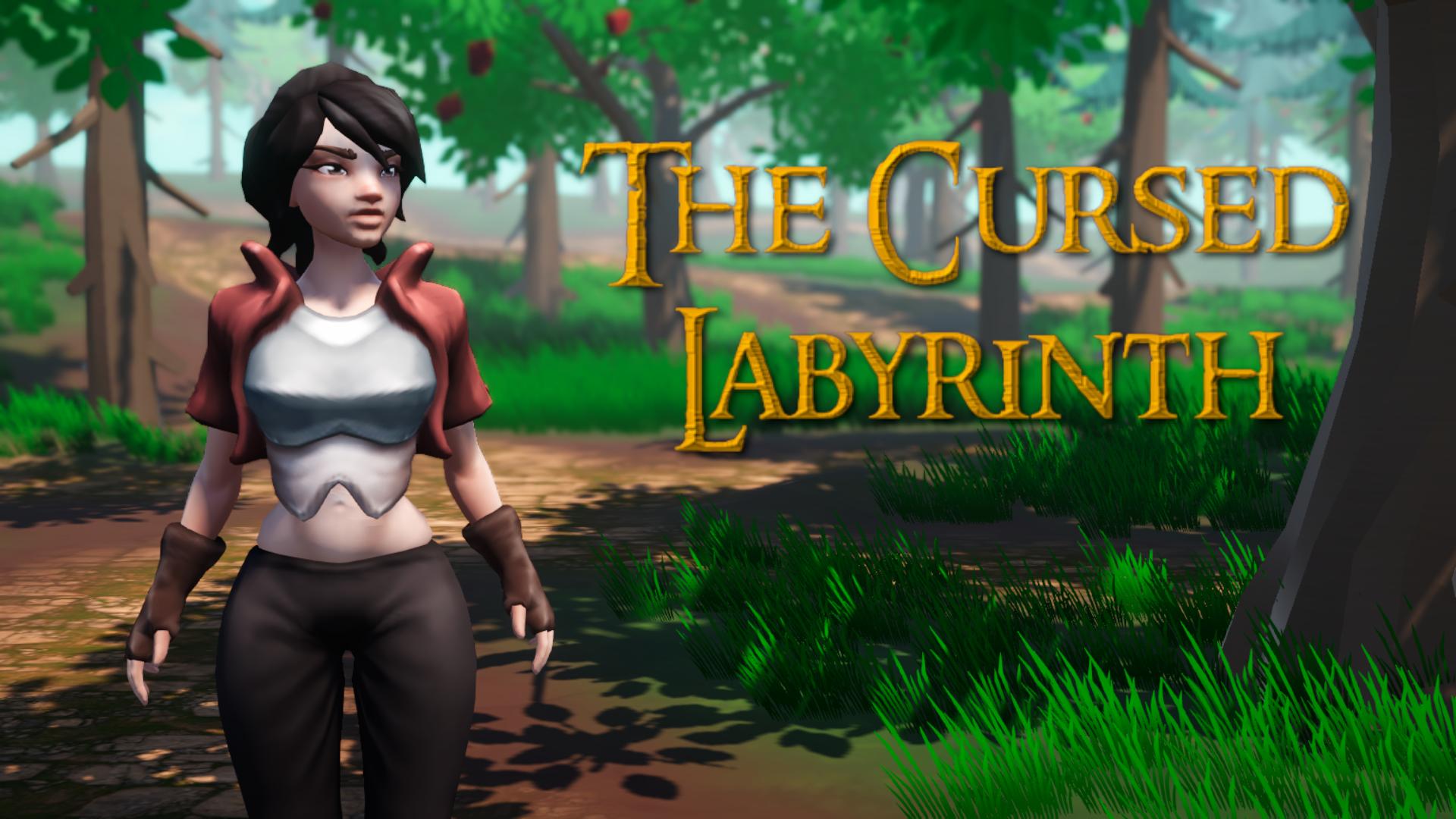 3d Maze: The Cursed Labyrinth adventurer in a forest beside the game title