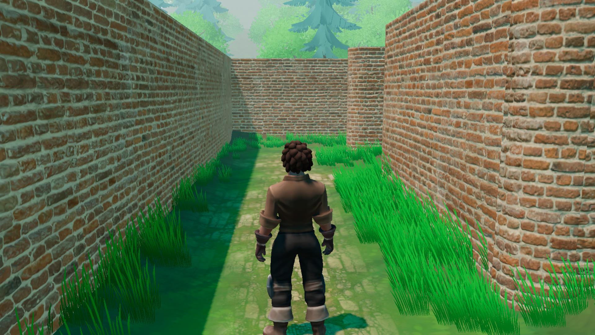 An adventurer exploring winding brick corridors in a 3D maze