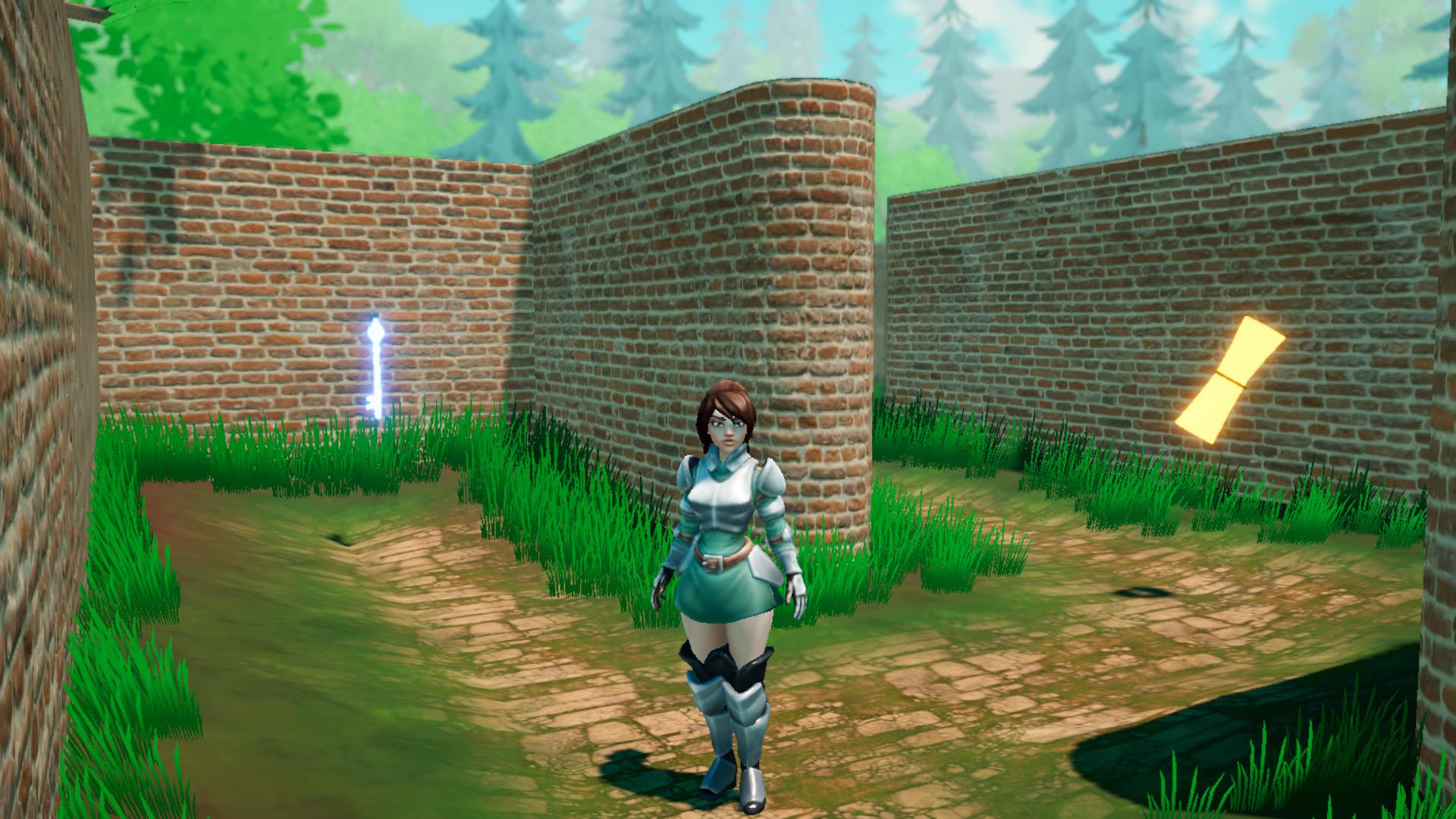 A maze explorer discovering glowing spells at a hidden junction