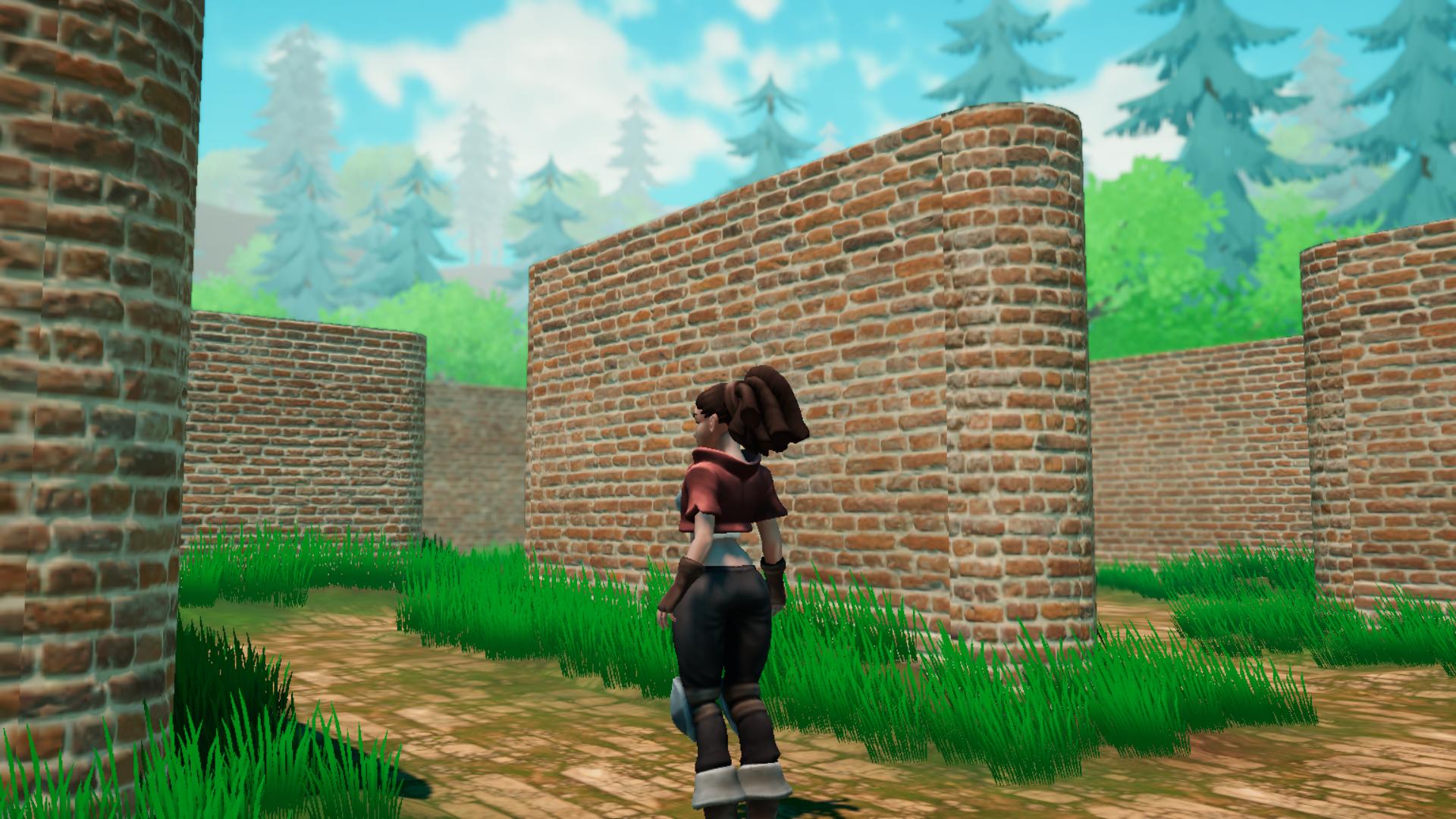 A character searching for a route through a handcrafted outdoor labyrinth