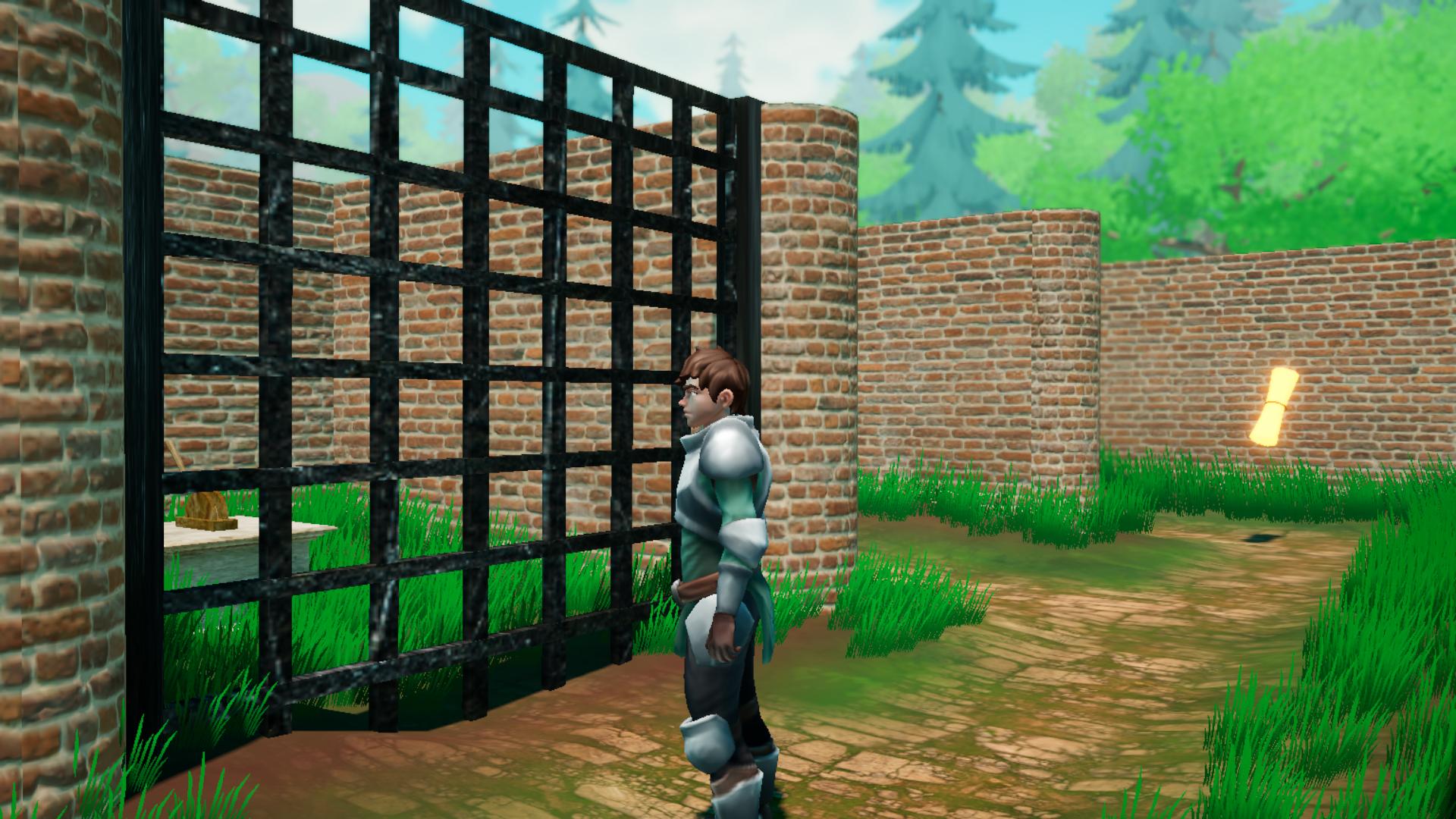 A maze explorer beside a locked gate, lever, and glowing spell