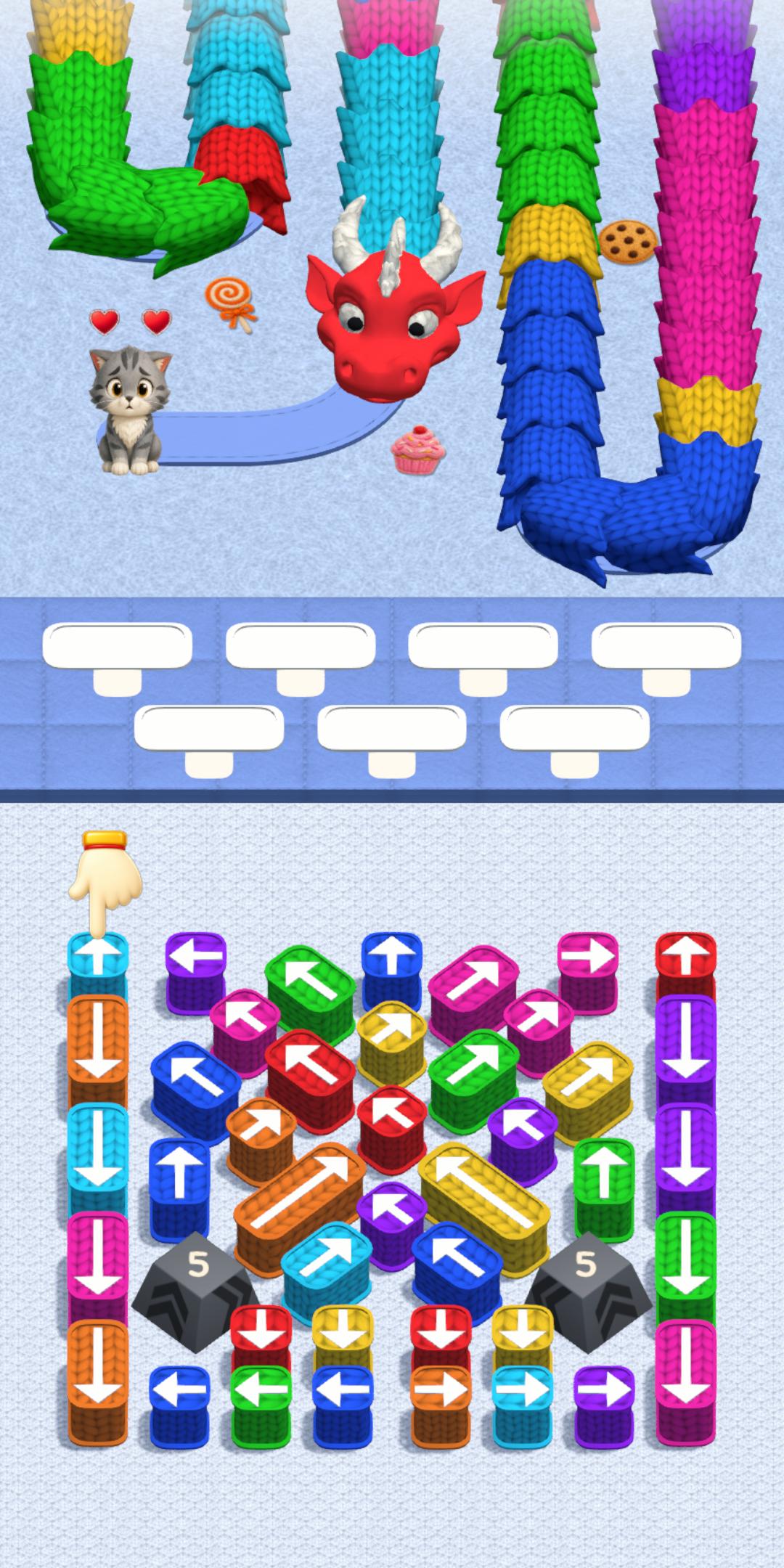A winding dragon approaching the cat above wool boxes and numbered obstacles