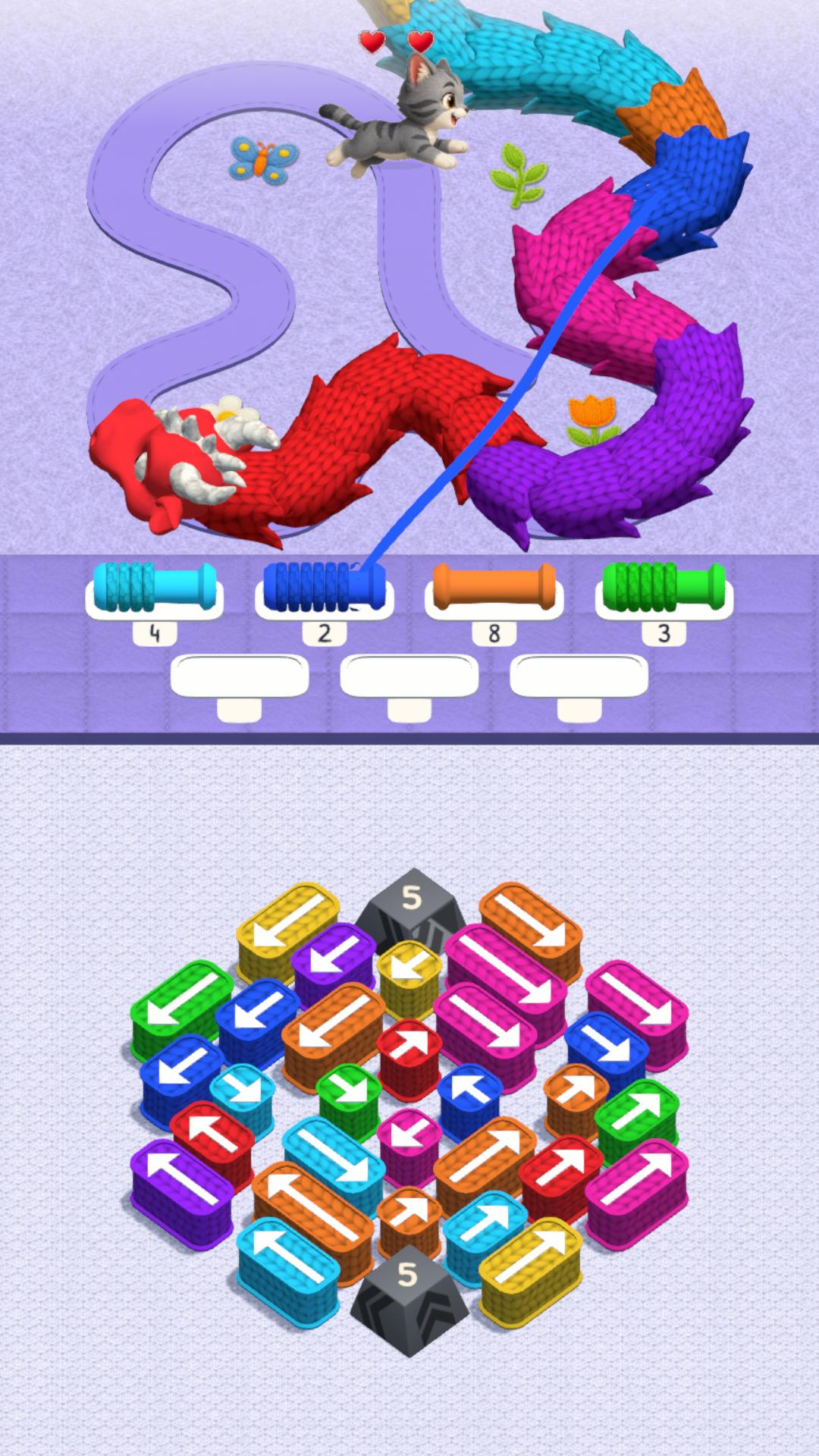 A blue spool collecting matching wool from the dragon as the cat runs along the path