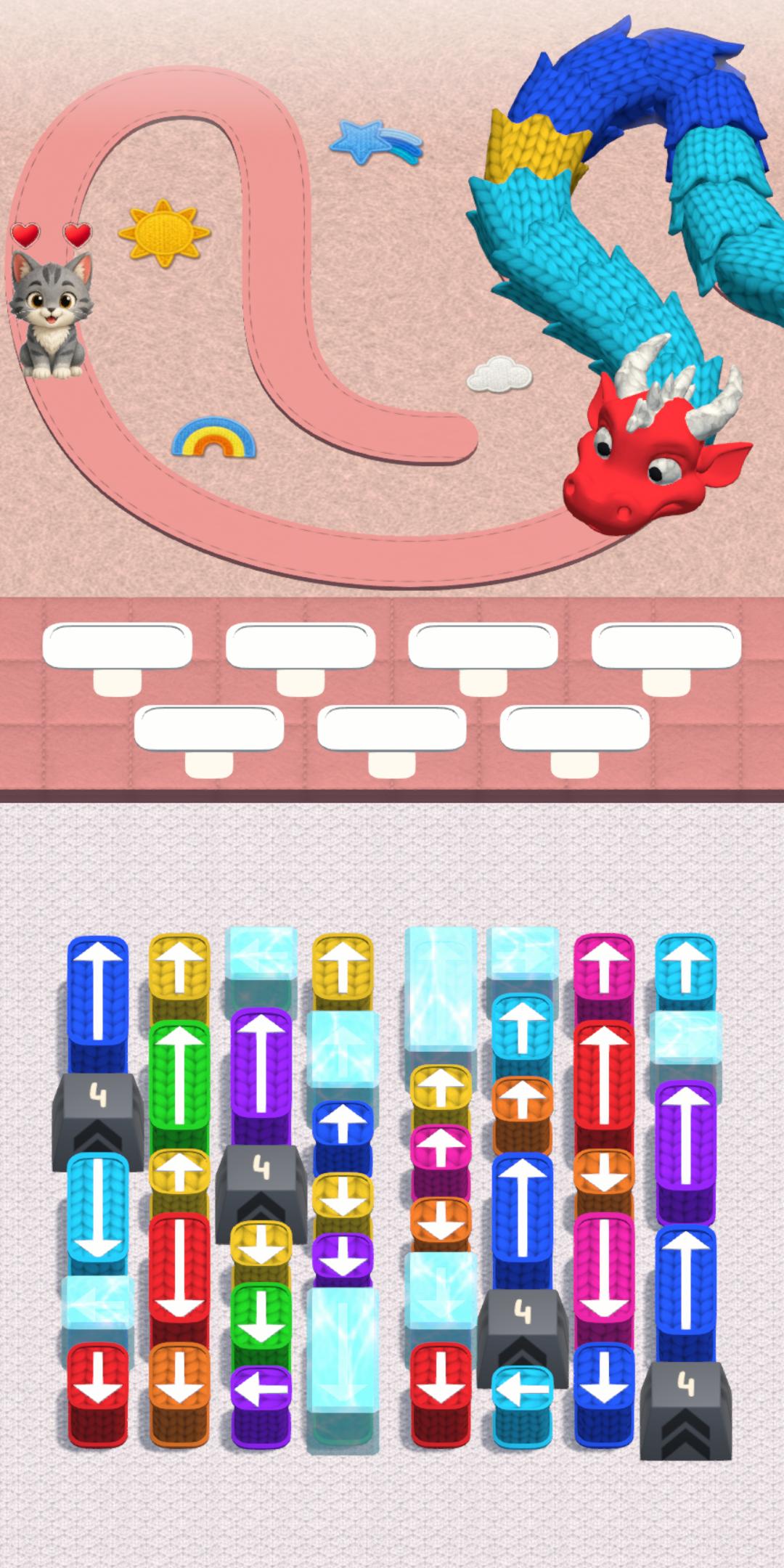 Frozen wool boxes blocking rows of colored arrows beneath the dragon path