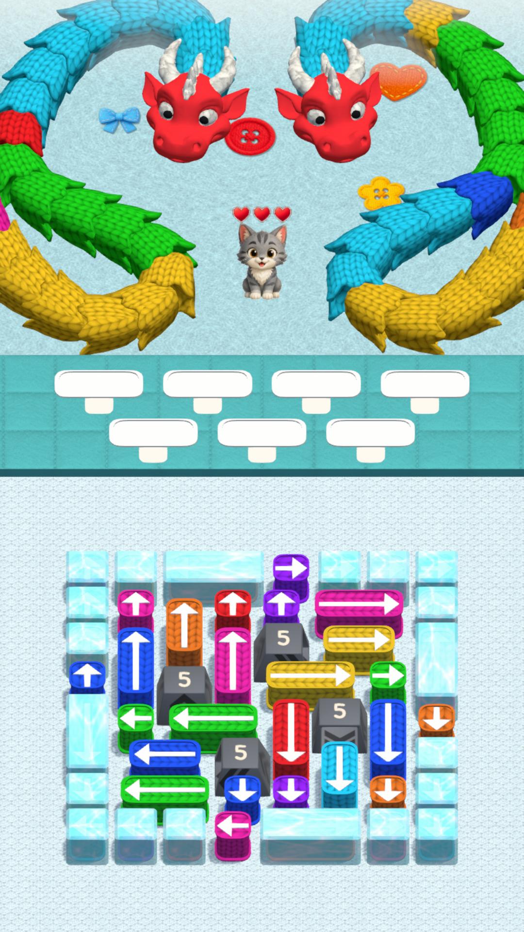 Two dragons circling the cat above a puzzle filled with ice and warehouse boxes