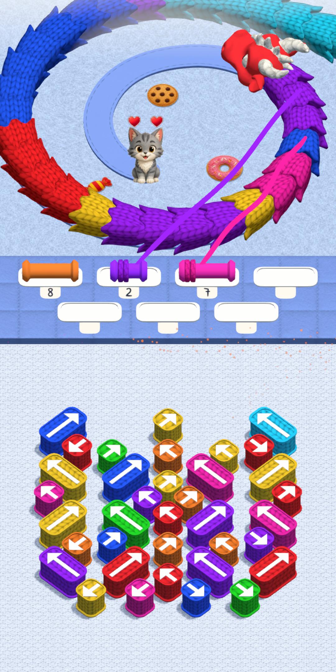 Purple and pink spools unraveling matching sections of the wool dragon